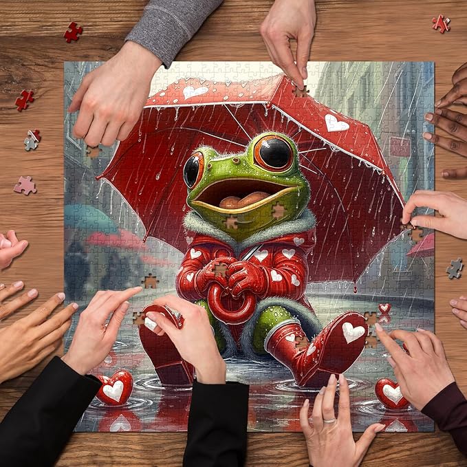 Cute Frog Puzzles for Adults 1000 Pieces, PICKFORU Happy Rain Fun Jigsaw Puzzle Umbrella, Challenging Colorful Love Hearts Theme as Art Decor