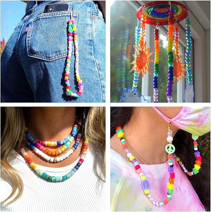 Quefe 3960pcs Pony Beads for Friendship Bracelet Making Kit 48 Colors Kandi Beads Set, 2400pcs Plastic Rainbow Bulk and 1560pcs Letter Beads with 20 Meter Elastic Threads for Craft Jewelry Necklace