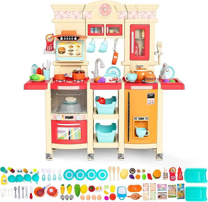【2025 Upgraded】 Kitchen for Kids Interactive Play Kitchen for Kids Toddlers-Lightweight Easy-Install Pretend Kitchen with Tablet Ordering, Music, Lights Sounds, Steam Stove, Sink & Dishwasher(Pink)