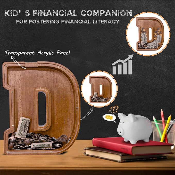 Wooden Letter Piggy Bank for Kids Larger Letter Piggy Bank for Boys and Girls Personalized Piggy Bank Initial Coin Bank Wood Kids Money Bank for Birthday and Festival