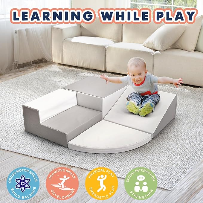 Large 4-Piece Set Climbing Toys for Toddlers 1-3, Baby Foam Climbing Blocks for Toddlers, Soft Play Toddler Climbing Toys Indoor for Crawling Climbing and Sliding, Foam Play Gym, Gray & White