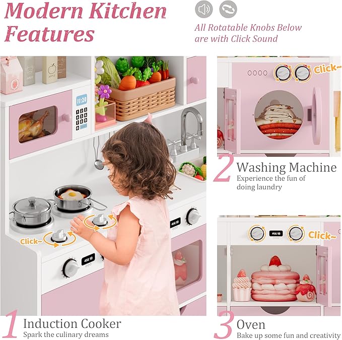 Keyluv Wooden Play Kitchen for Kids and Toddler, Montessori Toy Kitchen Playset with Plenty of Pretend Play Features and Storage Drawers, Gift for Boys and Girls, Pink