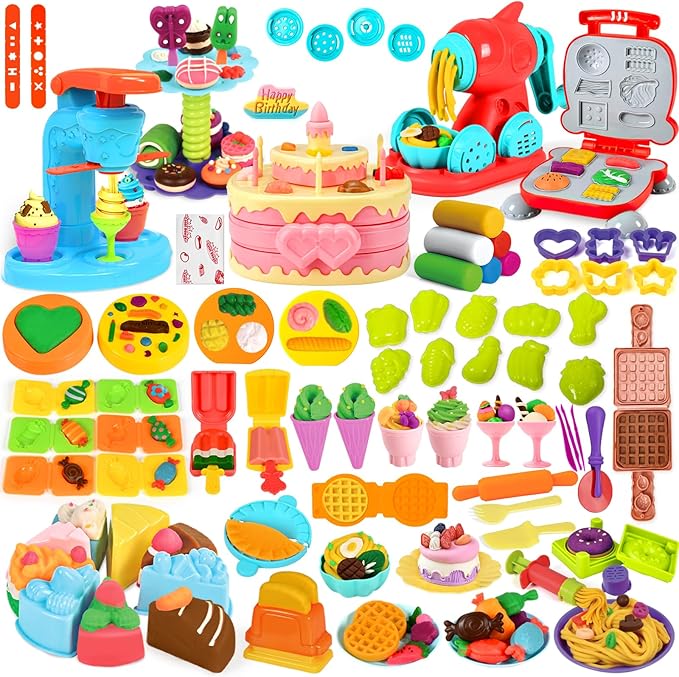 99 PCS 5 in 1 Dough Sets for Kids Ages 3-4-8, Art Crafts Dough Tools Kit, Ice Cream Playset Noodle Hamburger Cake Maker Machine, Dessert Rack, Kitchen Creations Food Play Toys Toddlers Boys Girls