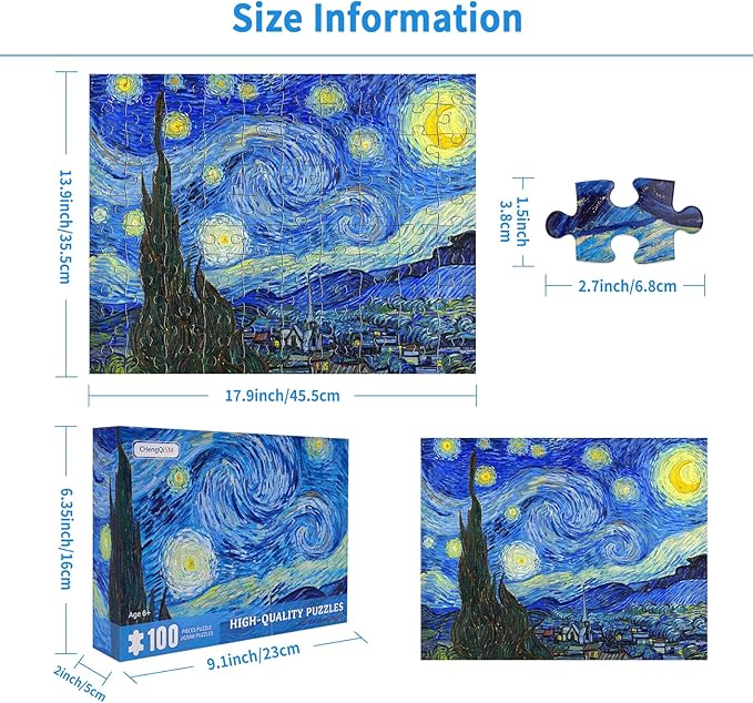 100 Piece Puzzles for Kids Starry Night 100 Piece Puzzle Famous Oil Painting Puzzles for Adults 100 Pieces Classic Art Puzzles by Vincent Van Gogh Puzzle for Kids Ages 6-10 Senior Gift