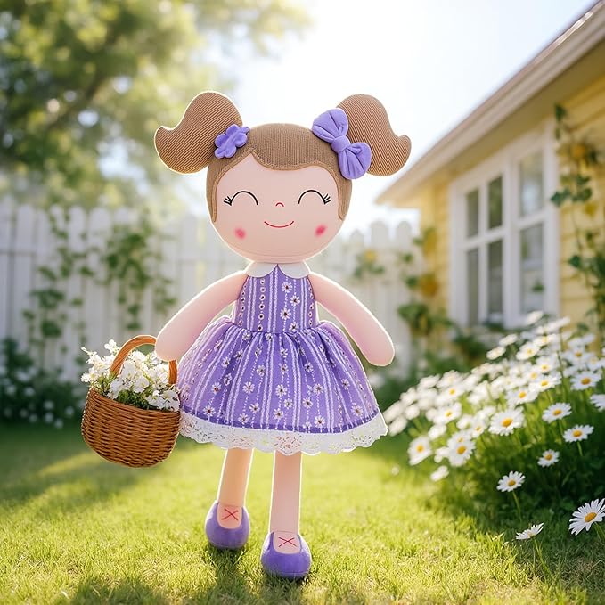 Gloveleya Baby Girl Gifts Soft Plush Doll – Lavender Daisies 16 Inch Cuddle Toy with Basket, Collectible Keepsake Birthday Easter Baby Shower Christmas for Girls