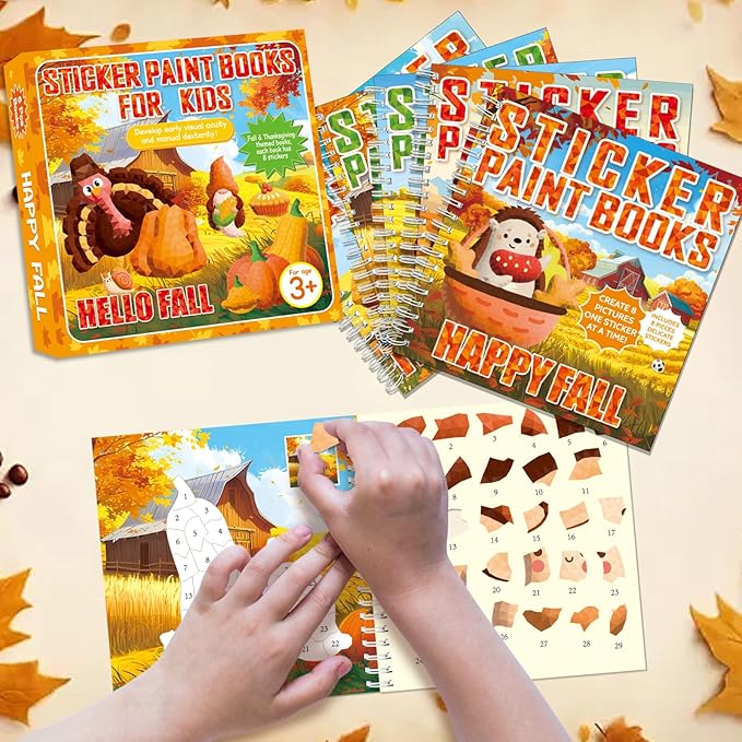 6PCS Thanksgiving Paint by Sticker Books Crafts for Kids Ages 4-8 Fall Activity Books with Turkey Pumpkin 48 Pictures