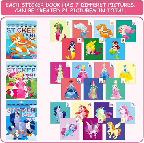 3PCS Paint by Sticker for Kids Ages 4-8, Mermaid Horse Princess Stickers for Kids Designs Sticker by Number, Activity Books Party Birthday Gifts for Boys Girls 4-10 Christmas Gifts