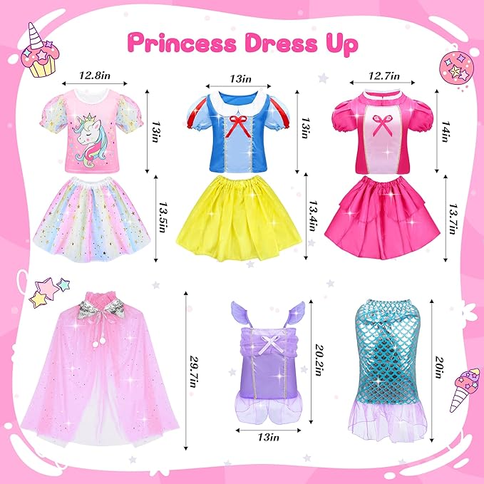 15 Pcs Princess Dress Up Clothes for Little Girl Set, Princess Pretent Play Outfit Toys for Toddler Girls, Cosplay Birthday Party Gifts for Girls Age 3 4 5 6 7 8+ Year Old