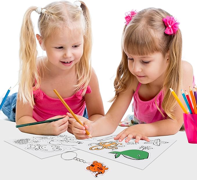 ASTARON 168Pcs Shrinking Plastic Sheets Kit Includes 15 Shrinking Film Art Paper, Hole Punch, 12 Colored Pencils and 140 Pcs Shrinkles Keychain Jewelry Making Accessories for Kids Craft Supplies