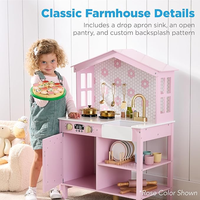 Best Choice Products Pretend Play Wooden Farmhouse Kitchen Set for Kids w/Toy Storage, Clicking Knobs, Windows, 5 Accessories Included - Ocean