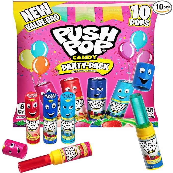 Push Pop Halloween Candy Variety Pack, 10 Ct Lollipops Individually Wrapped in Fruity Flavors, Bulk Individually Wrapped Hard Candy, Birthday Party Favors, Trick or Treat, Halloween Bowls, Kids Gifts