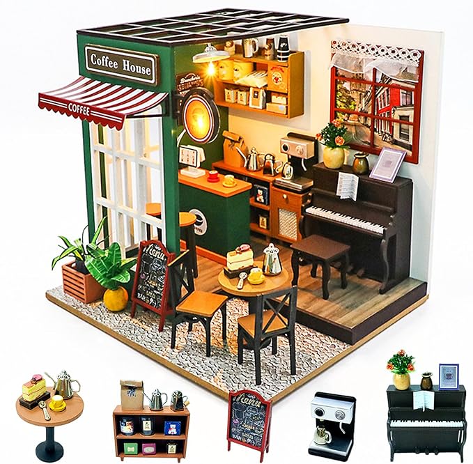 Miniature House Kit for Beginners, DIY Mini Coffee Shop with LED Lights, Miniature Dollhouse Kit for Adults & Teens, Creative Birthday Gift & Hobby for Family Friends (Afternoon Cafe)