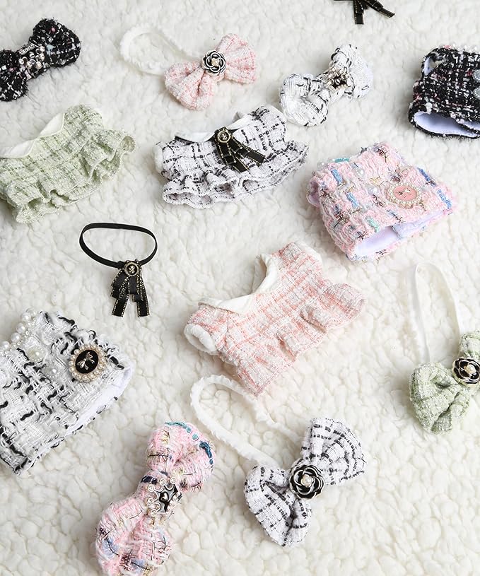 17cm Doll Clothes for Labubu - Luxury Chic Style Set for 17cm Dolls Outfit - Accessories for Dolls Clothes -Pink Plaid Tweed Dress + Pink Bow (No Doll)