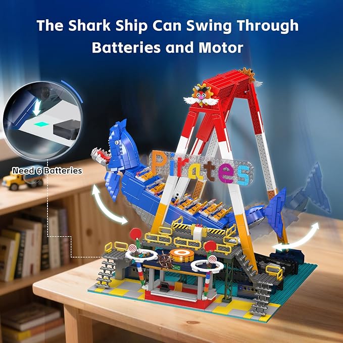 Mould King Pirate Ship Building Set, 1922+ Pcs Amusement Park Model Kit with Shark Shape, Swing Boat with Motor, Home Decoration Building Toys for Teens and Adults, Collectible Gift for Birthday