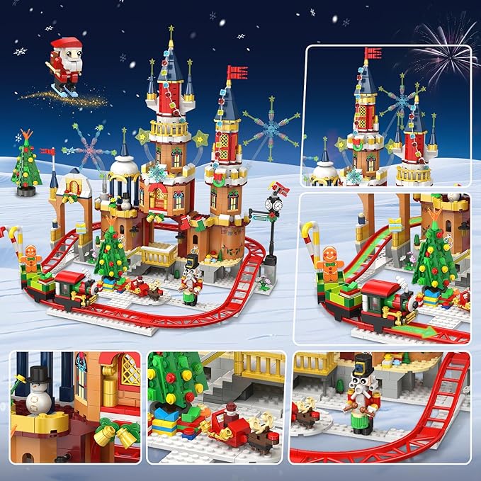 Christmas Castle Roller Coaster Building Set with Lights - 2025 Castle Village Rollercoaster Building Blocks House Xmas Tree Train Santa Claus Playset Gift for Adults Kids Boys Girls -1232PCS