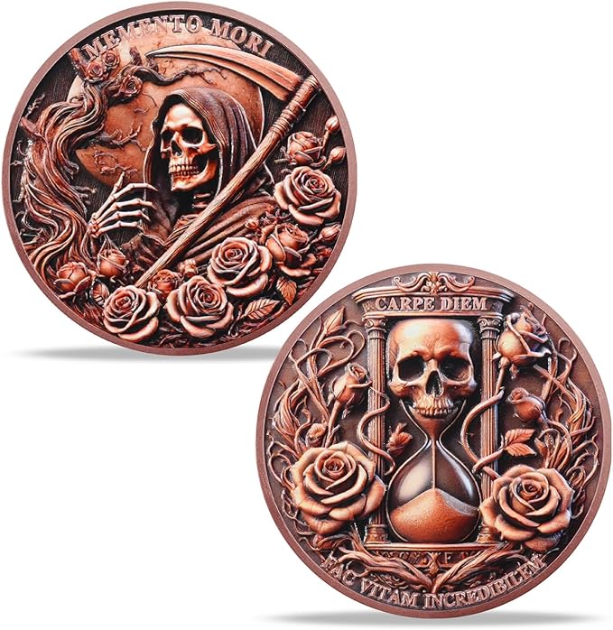 AtSKnSK Memento Mori Coin Momento Mori Coin Skull Coin Stoic Gifts Memento Mori Calendar Living Memento Mori Amor Fati Coin (Dead Tree Rose Skeleton)