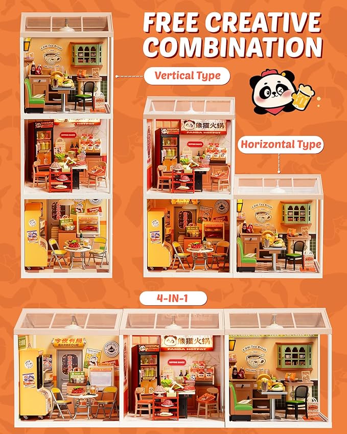 Rolife Super Creator Series, DIY Mini Panda Hot Pot Dollhouse House Kit, Bulid Scenary for Action Collectible Figures, Creative Gifts for Women Adults
