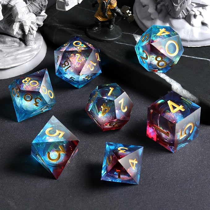 Gitter Liquid Resin Sharp Dungeons and Dragons Dice,DNDND 7PCS DND Dice with Gift Case for Tabletop Game (Liquid Blue and Red)