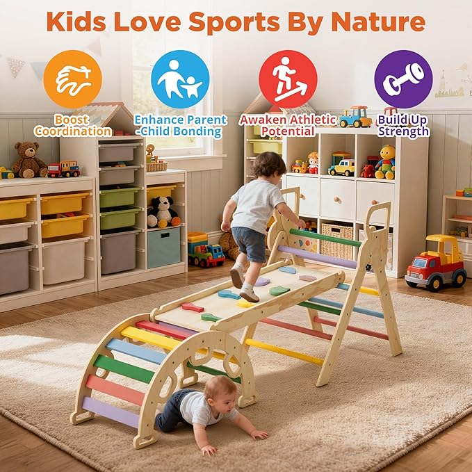 HEIGHT 9-in-1 Pikler Triangle Climber Set with Balance Car & Play Mat – Foldable Wooden Montessori Baby Climbing Toys with Slide, Arch & Ramp, Indoor Jungle Gym for Toddlers
