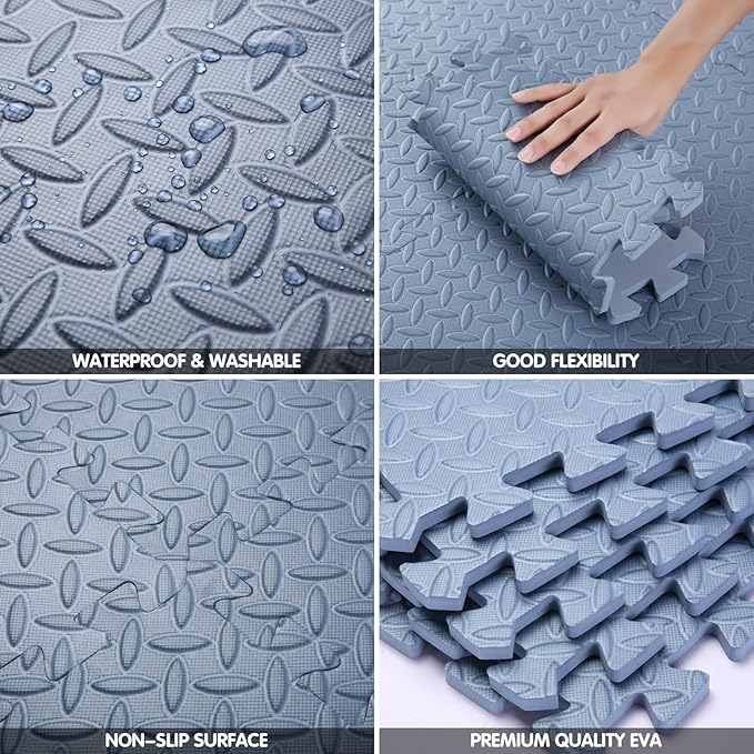 Coolcandy EVA Foam Play Mat, 16 Tiles Colorful Baby Play Mat, Square Kids Playmat with Solid Colored, 0.4" Thickened Interlocking Foam Floor Tiles, Puzzle Play Mat for Baby Lying, Playing (Gray Blue)