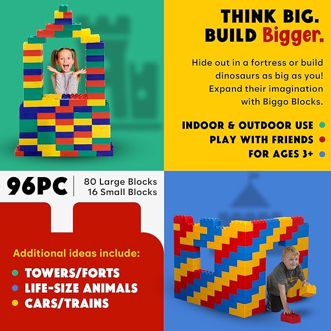 BiggoBlocks Big Blocks for Kids Ages 4-8, Indoor & Outdoor Blocks for Kids Jumbo Games, Large Building Blocks (96 PC) Standard Set