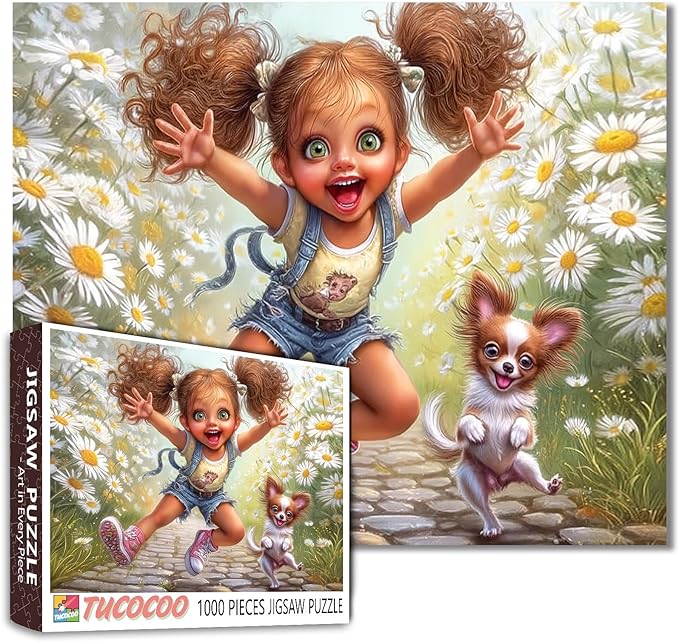 Tucocoo Cute Cartoon Girl Puzzle for Adults 1000 Piece, Puppy Running in Daisy Field, Whimsical Fantasy Art Jigsaw, Fun and Challenging Puzzles Gift for Women and Puzzle Enthusiasts, Home Wall Decor