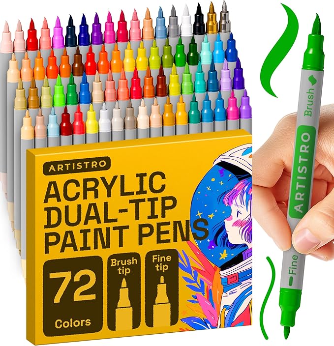 ARTISTRO 72 Dual Tip Brush + Fine Acrylic Paint Pens Ideal for Calligraphy - Paint Markers for Fabric, Rock, Glass, DIY - Stocking Stuffers, Christmas Gift Idea for Teens, Grandkids, Kids