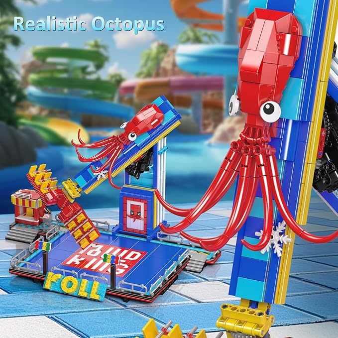 Mould King Octopus Spin Ride Building Blocks Set, Creative Amusement Park Model Kit That Run, City Building Engineering Toy with Motor, Collectible Gift for Teens, Adults(1668 Pcs)