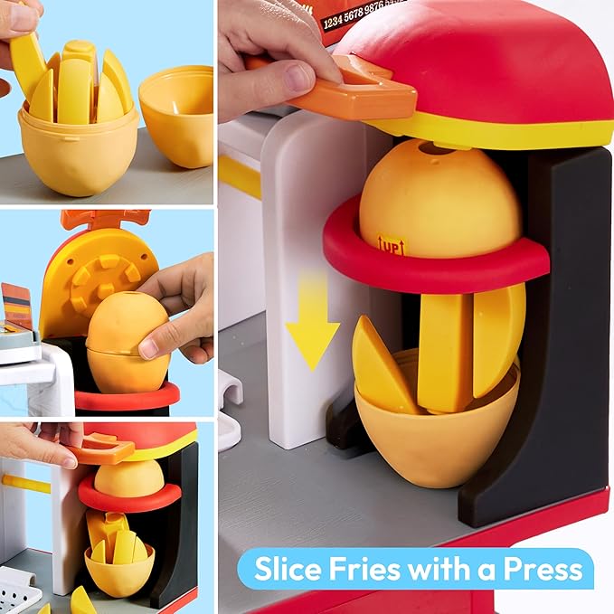 Restaurant Play Set Toy - 40+ PCS Fast Food Playset with Potato Cutter, Simulated Frying Effect & Lights, Order, Card & Drink Station - Interactive Role Play Toy Birthday Gift for Boys Girls