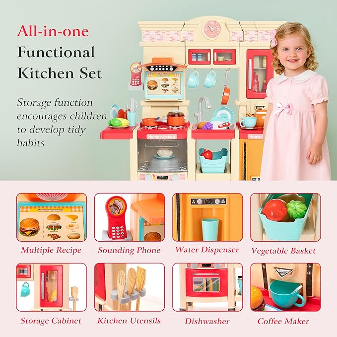 【2025 Upgraded】 Kitchen for Kids Interactive Play Kitchen for Kids Toddlers-Lightweight Easy-Install Pretend Kitchen with Tablet Ordering, Music, Lights Sounds, Steam Stove, Sink & Dishwasher(Pink)
