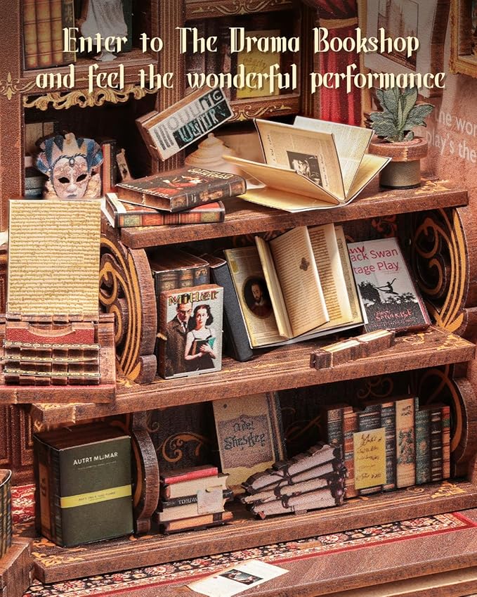 Cutefun Book Nook Kit - DIY Miniature Dollhouse Booknook Kit for Adults and Teens, Tiny House Bookshelf Insert Decor with LED Light, Gifts for Family and Friends (The Drama Bookshop)