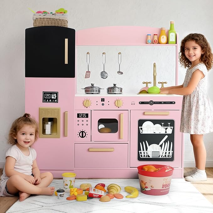 Kinder King Wooden Kids Play Kitchen, Toy Kitchen Playset for Toddler, Play Kitchen Set w/Blackboard, Transparent Coloring Board, Pretend Dishwasher, Oven, Ice Maker, Gift for Boys Girls Age 3+, Pink