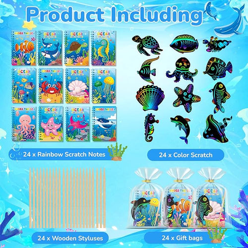 24 Pack Under the Sea Scratch Art Party Favors for Kids - Rainbow Scratch Paper with Ocean Animals Scratch Off Cards Easter Birthday Goodie Bags Stuffers - Return Gifts DIY Classroom Prizes
