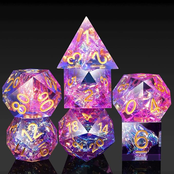 DND Dice Set, DNDND 7 PCS Sharp Edge Dice with Gorgeous Gife Case for D&D Dungeons and Dragons (Tranlucent Pink Mixed Blue)