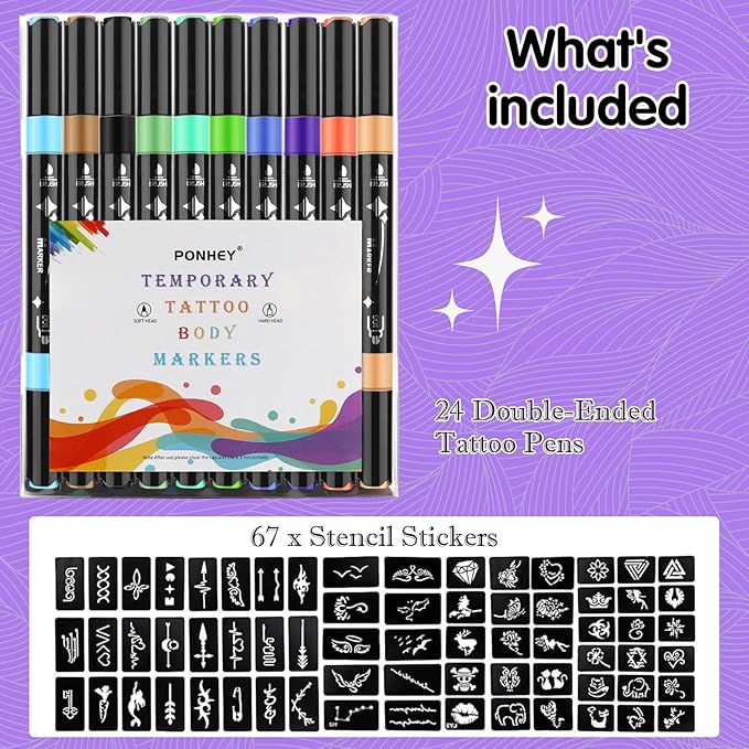 Ponhey Temporary Tattoo Markers for Skin, 24 Body Markers+67 Large Tattoo Stencils,Dual-End Tattoo Pens,Fine Lines with Cosmetic-Grade,Flexible, Skin-Safe Face Paint Kit for Kids Teenage Adults