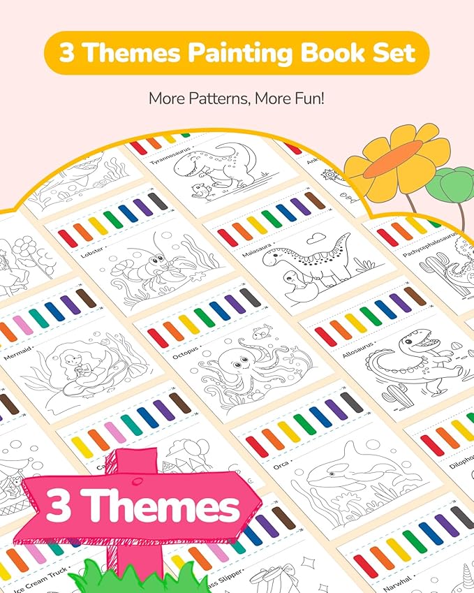 TECJOE 3 Pack Paint with Water Coloring Books for Toddlers, Watercolor Paint Set with 6 Brushes, Painting Activity for Kids Ages 4 5 6 7 8, Christmas Gift Arts & Crafts Toy, Princess, Dinosaur & Sea