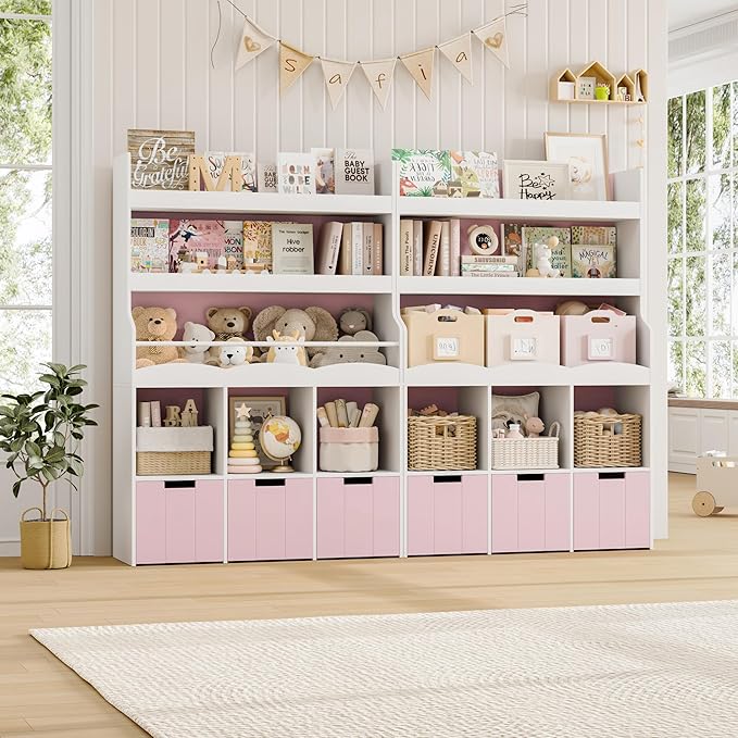 HITHOS 55.3"H Kids Bookshelf with Toy Storage Organizer, Tall Book Shelf with 3 Mobile Toy Storage Bins, Large Kids Bookcase with Toy Chest, 39.2"W Modern Toy Box for Kid Room, Playroom, Pink, White
