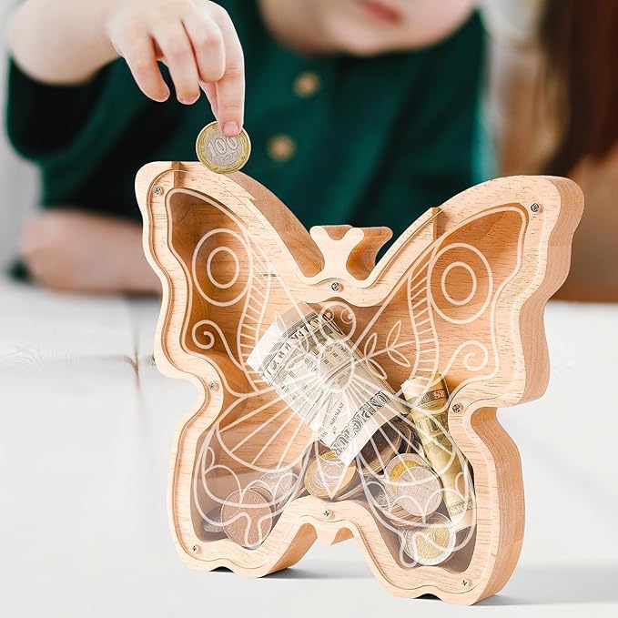 Wooden Butterfly Piggy Banks for Kids Money Coin Bank, Elegant Unbreakable Piggy Bank Kids Safe Money Box, Toddler Birthday Baptism Gifts for Girls Boys Butterfly Lovers, Small