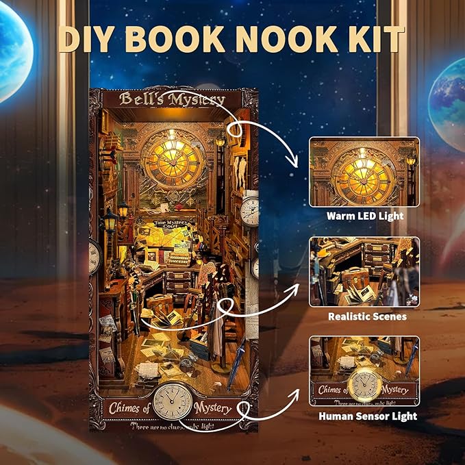 DIY Book Nook Kit, DIY Miniature Dollhouse Kits for Adults and Teens, Book Nook Bookshelf Insert Decor 3D Wooden Puzzle Bookend Miniature Kit with Sensor Light Creative Craft(Bell's Mystery)