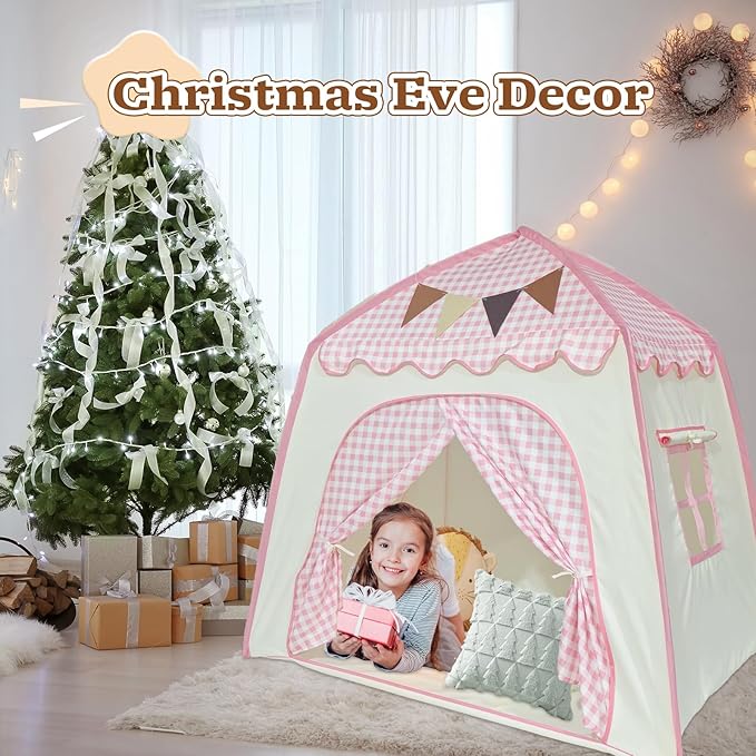 Toddler Bed Tent, Kids Play Tent with Flags, Star String, Portable Bed Canopy for Boys & Girls, Children, Indoor Outdoor Dome Playhouse, Pink Plaid, 51" x 39" x 51"