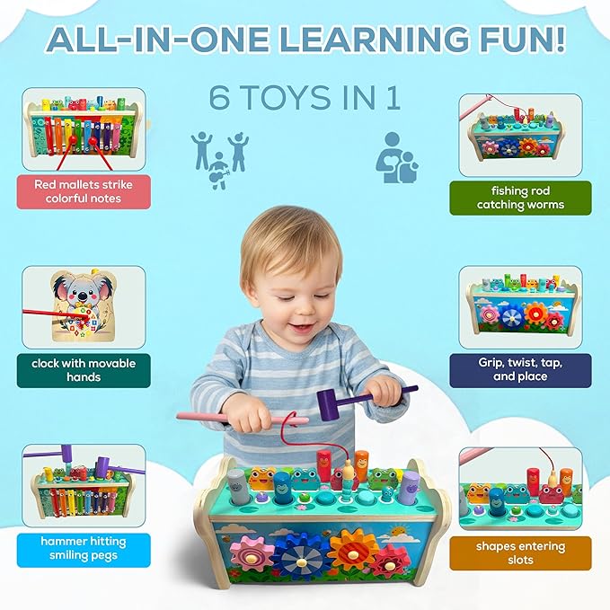 Montessori Wooden Hammering Toy – 6-in-1 Xylophone, Pound Bench, Shape Sorter & Learning Tool for Toddlers | Educational Musical Toy for Boys & Girls Ages 1–5 | Develops Motor Skills & Sensory Play