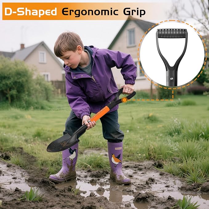 HIGHLIGHT Small Shovels,Gardening Shovel for Digging, Mini Kids Shovel, Length 28 Inches, D Handle, for Metal Beach, Camping, Snow, Fiberglass Handle, Orange