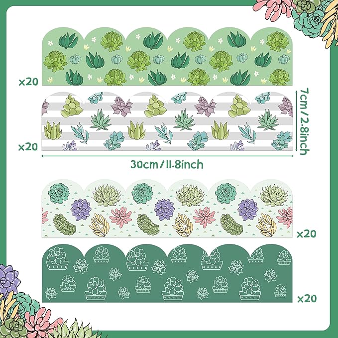 BeYumi Green Succulent Border Trim - 80Pcs Back to School Succulent Bulletin Board Borders Green Plants Border Trim Cactus Decor Classroom Office Chalkboard White Board Outdoor Party Garden Decoration
