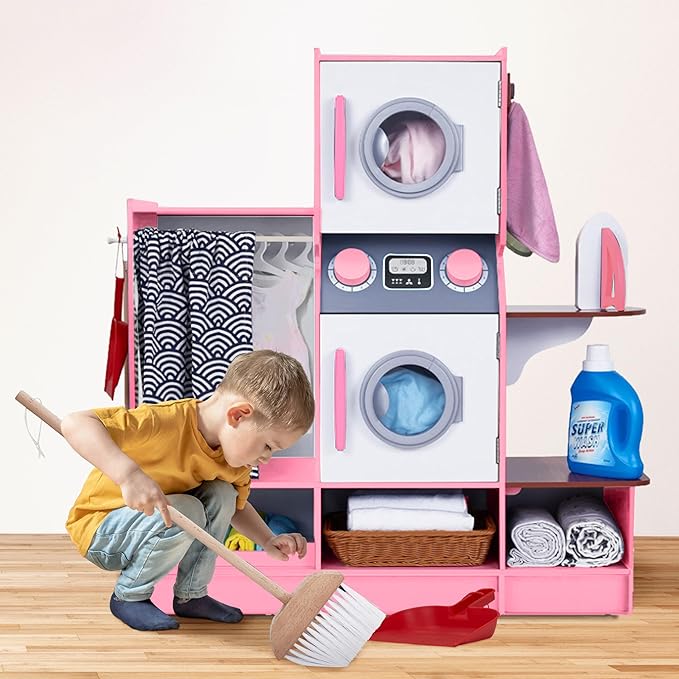 Lil’ Jumbl Kids Washer and Dryer Playset, Wooden Children's Pretend Laundry Set, Includes Broom, Dustpan, Iron, Hangers & Basket, Realistic Laundry Room for Kids - Pink