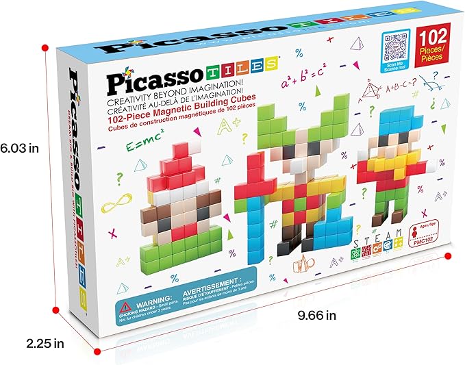 PicassoTiles 102pcs Pixel Magnetic Puzzle Cube 1” Pixel Mix & Match Toys with Ideabook STEM Education Learning Building Block Magnets Construction ToySet Stacking Creative Kit for Kids Age 3+ PMC102