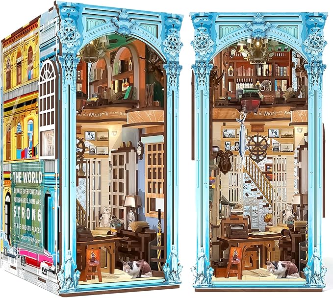 𝗠𝗶𝗻𝗶𝗖𝗶𝘁𝘆 Book Nook Kit, DIY Miniature Dollhouse Booknook Bookshelf Insert Decor, 3D Wooden Puzzles with LED Light for Teens and Adults(Hemingway House)