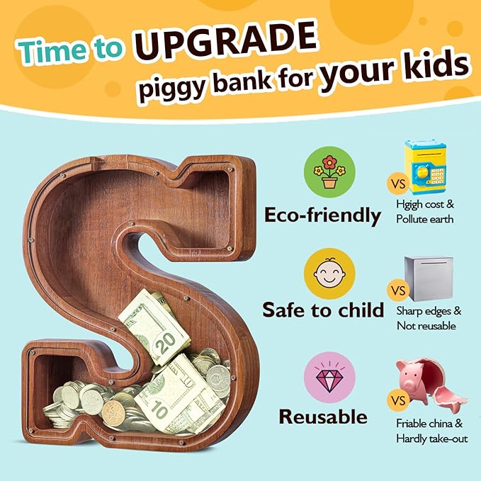 Summidate Customized Name Extra Large Wooden Piggy Bank for Kids Boys Girls Letter A-Z Coins Bills Money Change Bank Box Initial on Clear Cover (Laser Engraved) Educational Toys 12"- Letter S