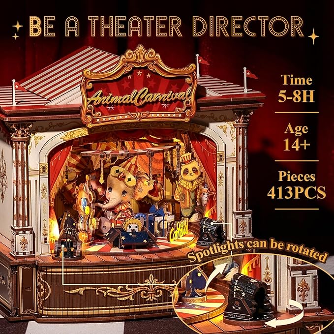 CUTEBEE 3D Puzzles Wooden Theater for Adults - DIY Music Box Rotating Miniature House Kit Model Building Set with LED Light, Home Bookshelf Decor, Unique Birthday Gifts (Animal Carnival)