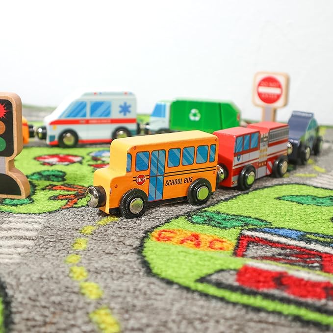 9 Piece Wooden Cars with Magnets - City Vehicles, Emergency Trucks, School Bus, Police, Fire, Ambulance, Taco Truck Toy - Community Helpers Play Set - Zany Trains