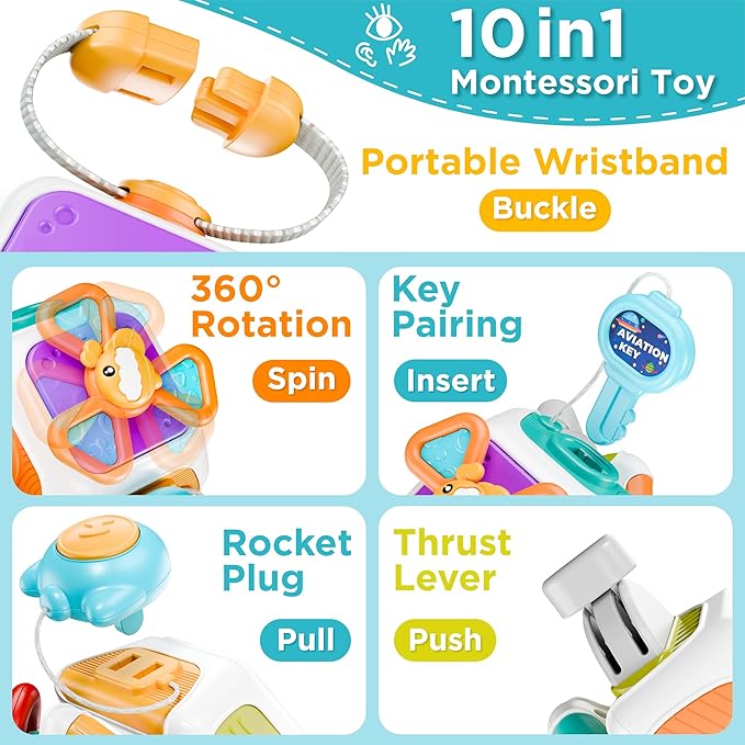 iPlay, iLearn 10 in 1 Baby Busy Board Cube, Montessori Sensory Toy Toddler 1-3, Infant Carseat Plane Travel, Kid Education Learning Activity, Birthday Gift 6 9 10 12 18 Month 1 2 Year Old Boy Girl